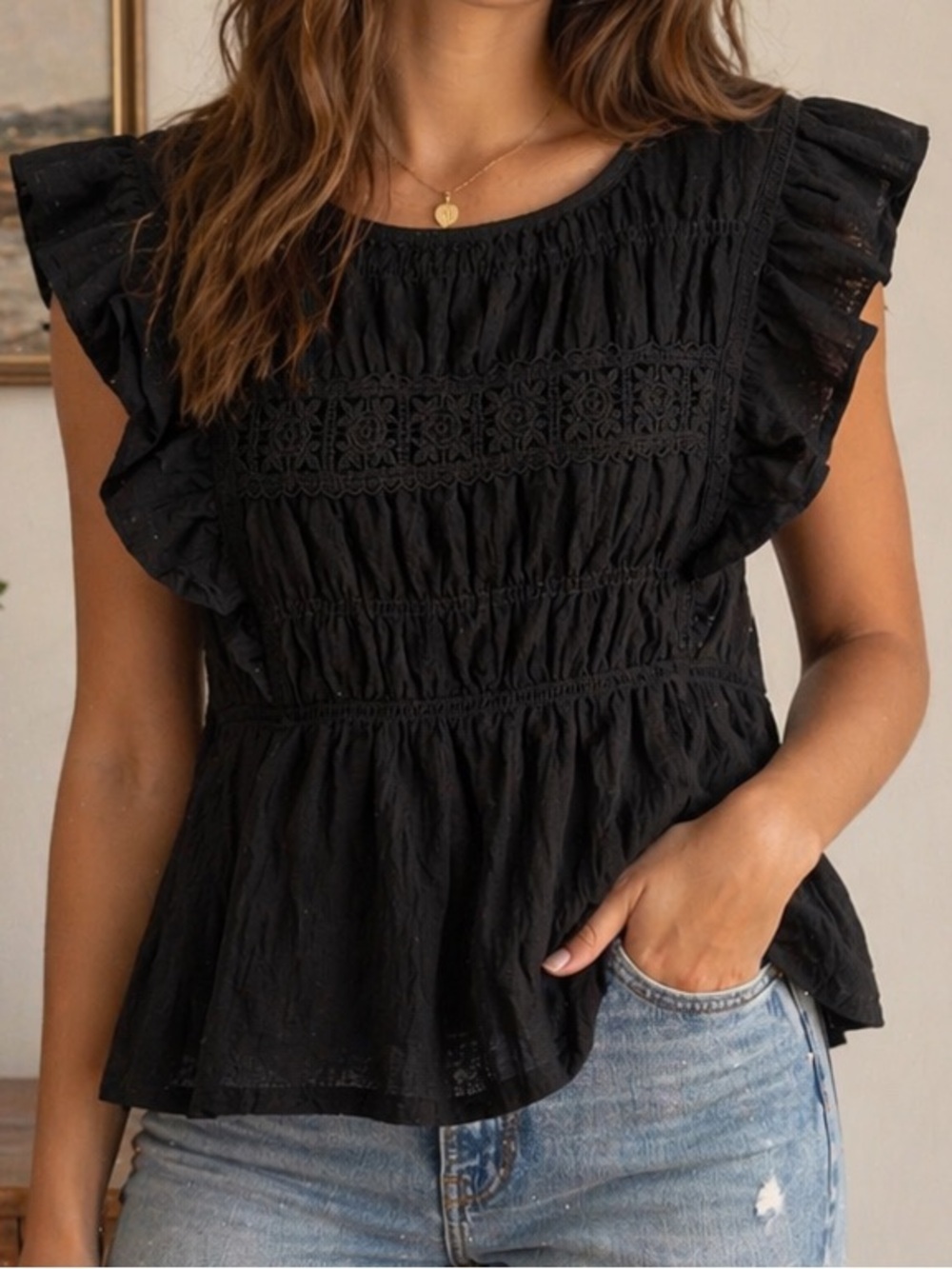 Max Studio Black Ruffled Smocked Sleeveless Top